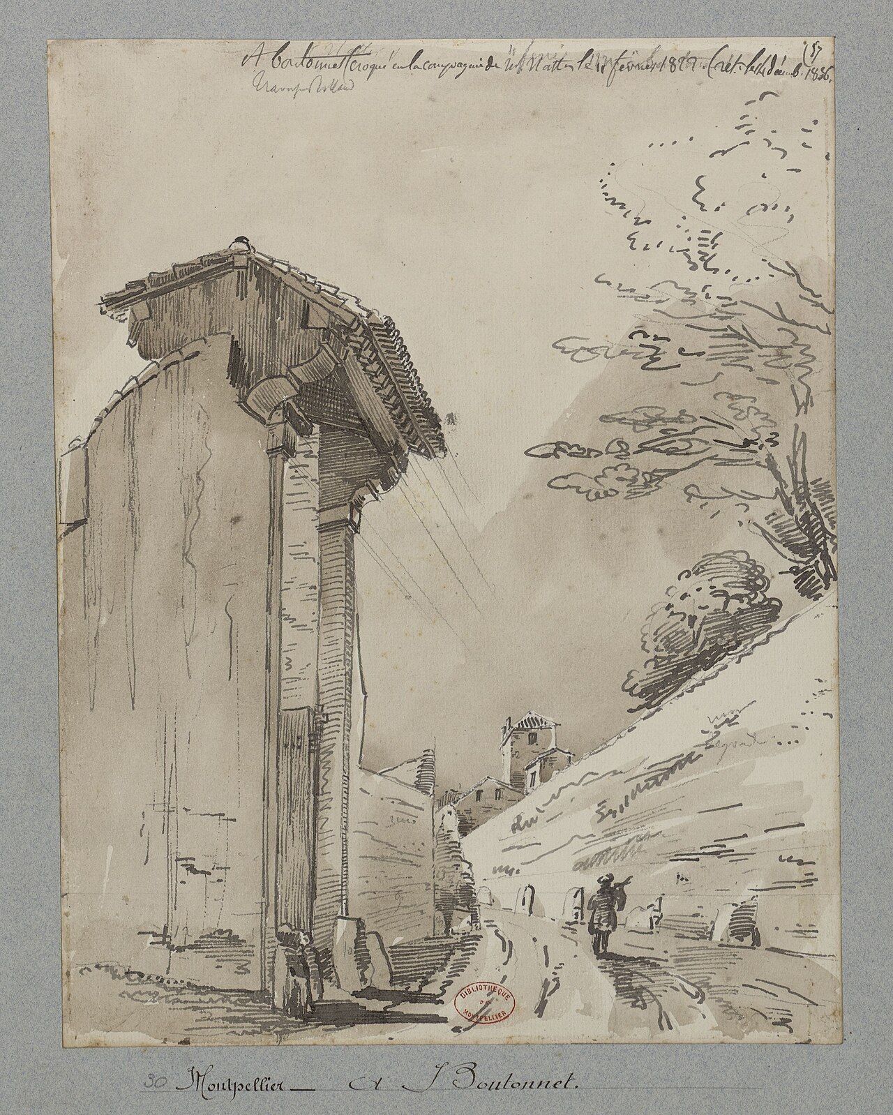 Dessin ancien d’un chemin bordé de murs et de mas à Boutonnet, alors hameau agricole aux portes de Montpellier