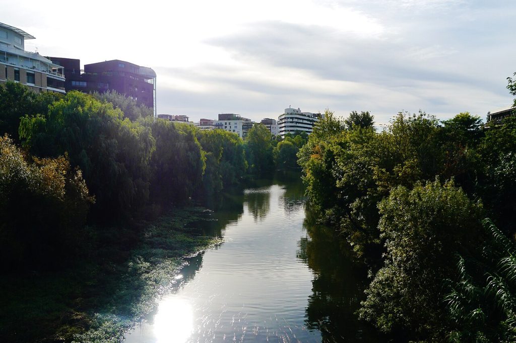 Le Lez bordé d’arbres à Port Marianne, Montpellier, avec des immeubles modernes à l’arrière-plan
