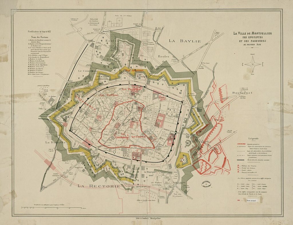 Plan ancien de Montpellier montrant l’enceinte médiévale en forme d’écu et les faubourgs