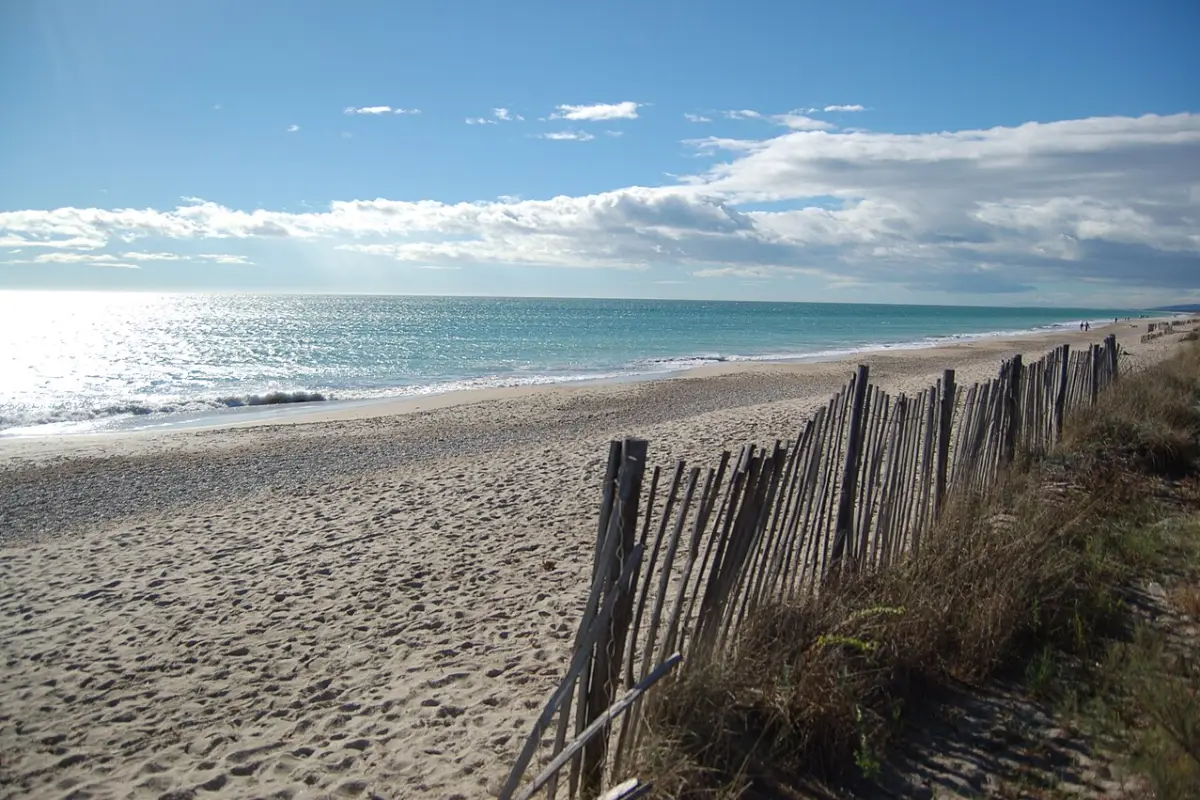 La plage de Villeneuve-lès-Maguelone vue derrière une rangée de ganivelles, la mer à gauche et la dune à droite